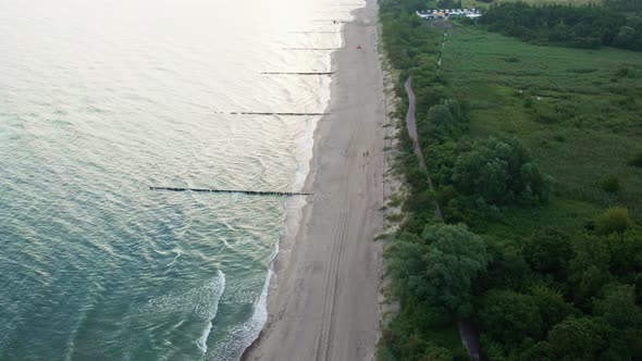 Aerial View of Sea Landscape with Waves and Sand Beach