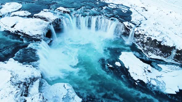 Godafoss Aerial Shot Famous Waterfall in Iceland Frozen Waterfall in Winter a Magical Winter