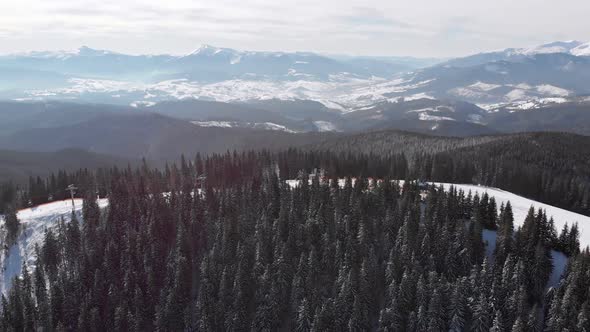 Aerial Ski Slopes with Skiers and Ski Lifts on Ski Resort. Snowy Mountain Forest