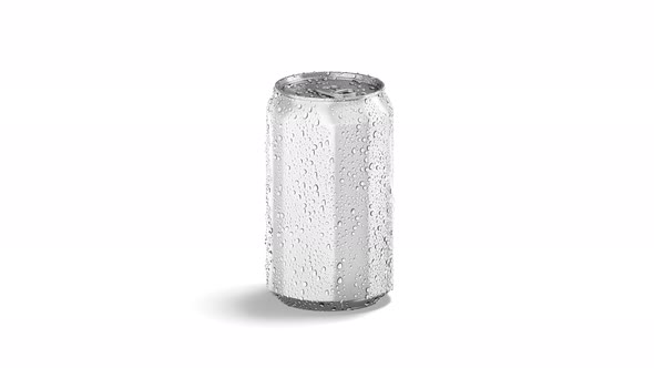 Blank white soda can with drops, looped rotation