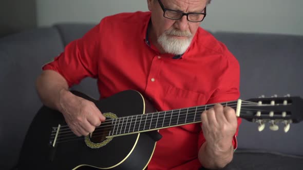 Guitarist Plays the Acoustic Guitar While Sitting on the Indoor Sofa