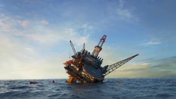 Sinking Oil Rig accident. Collapsed offshore oil platform. Lifeboats on the sea.