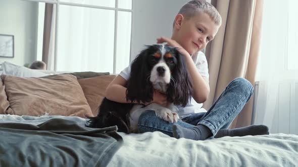 A Happy Caucasian Boy in a White Tshirt Sits on a Bed in the Bedroom Hugs a Dog and Strokes It