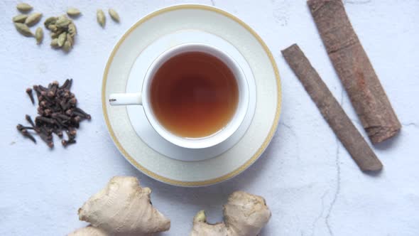 Top View of Herbal Tea and Ingredient on Table