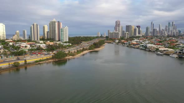 Pan from Southport to Surfers Paradise , Gold Coast canals, cloudy day ,Gold Coast Australia