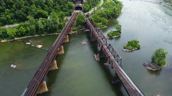 Train bridges at Harper's Ferry, West Virginia. Aerial Drone