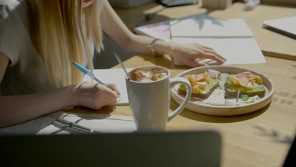 Female Student Writes Course Work on Her Computer Freelancer Girl Working at Cafe Via Notebook