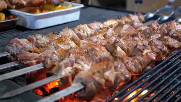 Shish Kebab Cooked on the Grill on the Street Market