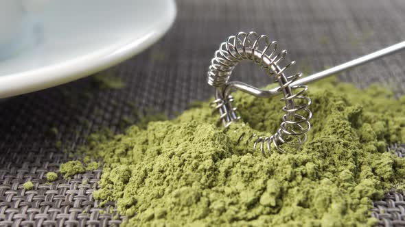 Metal frother electrical appliance in a heap of green matcha tea on a table with a white saucer