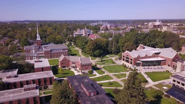 Aerial of old buildings and campus grounds at Hope College in Michigan