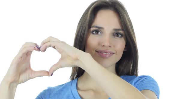 Handmade Heart Sign by Brunette Woman, White Background