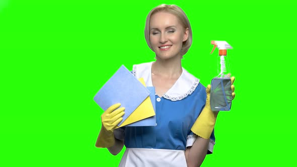 Portrait of Housewife with Detergent Spray and Fiber Napkins