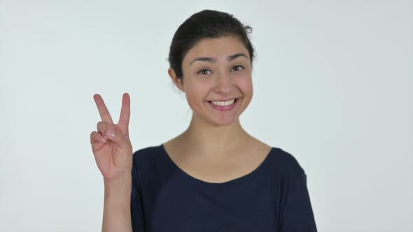 Victory Sign By Indian Woman White Background