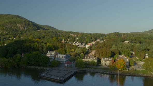 Aerial of Breakneck Ridge and settlement on coast of Hudson river