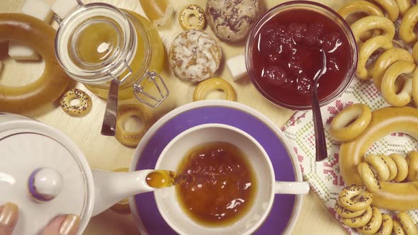 Slow Motion Traditional Russian Tea Party Top View