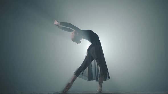 Young Graceful Ballerina Dancing Elements of Classical Ballet in the Dark with Light and Smoke on