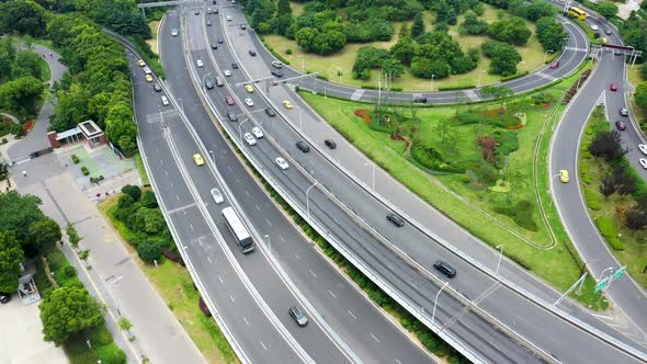 Aerial view of highway and overpass in city