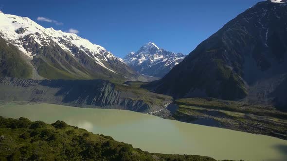 Mt Cook, New Zealand - Aerial view by drone flying over Hooker valley track