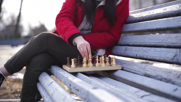 Close Up of Chess on Wooden Bench
