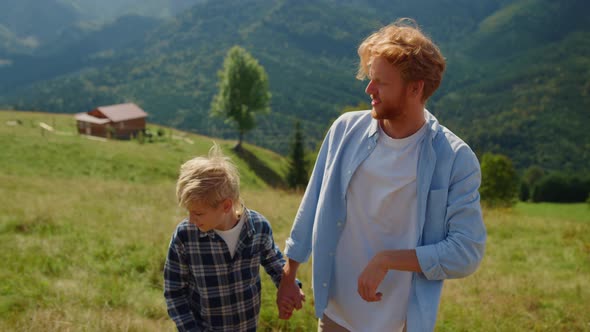 Man Son Enjoy Mountains Walk Closeup