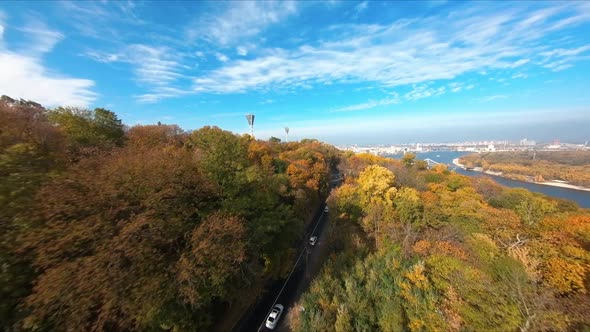 FPV Flight Over the Public Park on the Embankment of Kiev in the Autumn