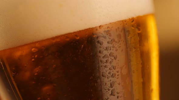 Closeup of Ppouring Fresh Beer with Golden Background and Drops on Glass