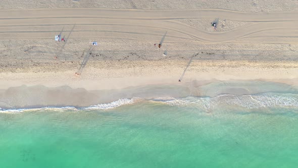 Vertical drone video over the waterline of a beach