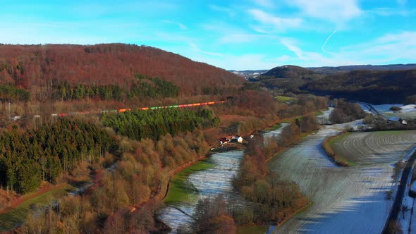 cargotrain riding through the countryside.