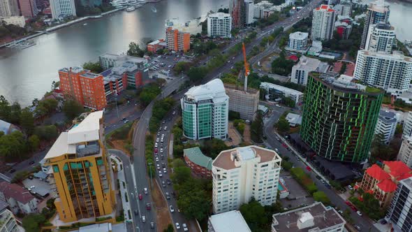 Aerial Drone Of Kangaroo Point Southern Suburbs And Brisbane CBD In Queensland, Australia. Aerial Sh