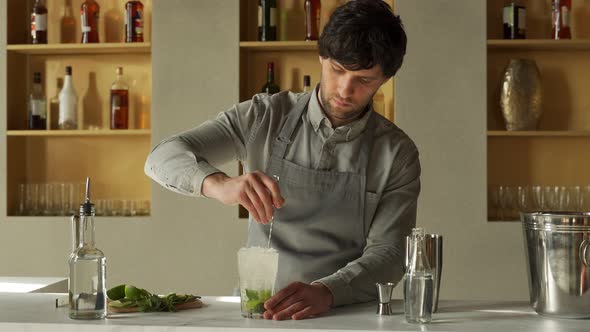 Bartender Mixes an Alcoholic Mojito Cocktail with a Spoon