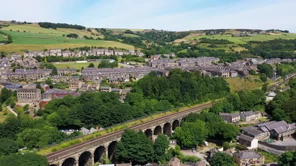 Aerial drone footage of a scenic view of the village of Slaithwaite in the town of Huddersfield