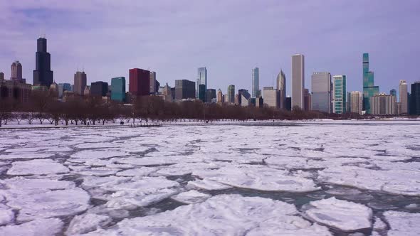 Skyline of Chicago and Lake Michigan on Winter Frosty Day