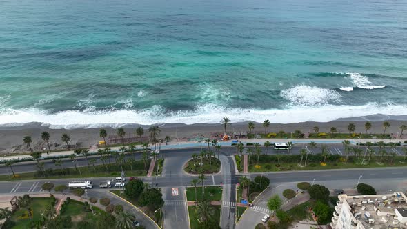 Traffic on the Beach aerial view 4 K Turkey Alanya