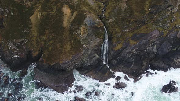 Aerial View of the Beautiful Waterfall at the Coast at Malin Beg Looking in County Donegal, Ireland