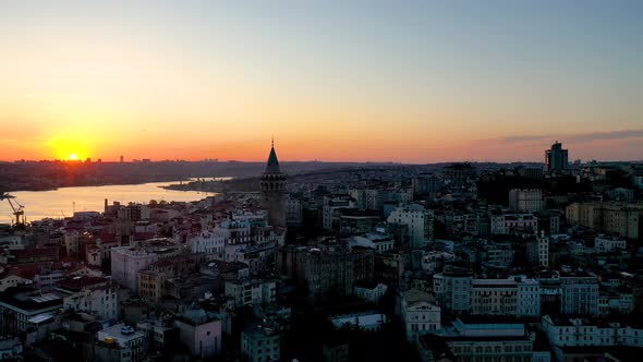 Aerial view of galata tower at sunset