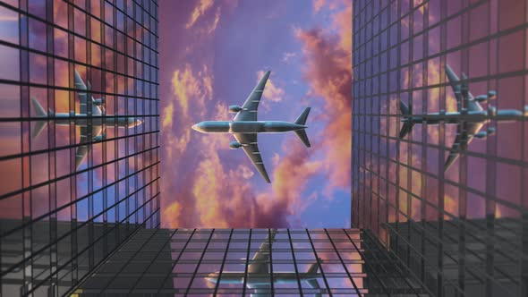 The Plane Flies Over The Business Skyscrapers