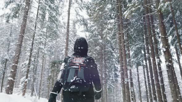 Young Man with Backpack Walking Through the Forest on Snowy Winter Day