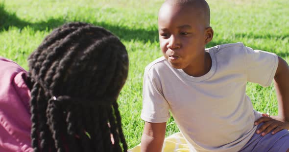 Video of happy african american father and son having picnic on grass