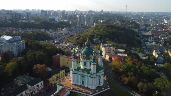 Aerial view of Andriivska Church and historical part of Kyiv - Podil