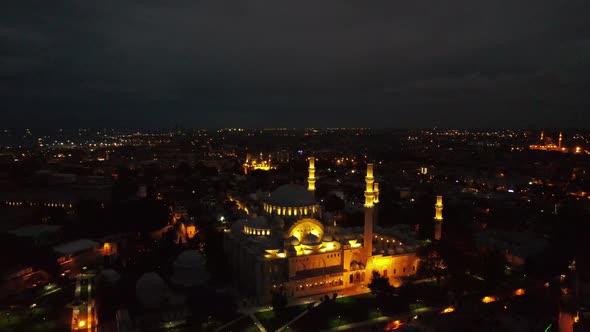 Aerial view of Suleymaniye Mosque in Istanbul at night