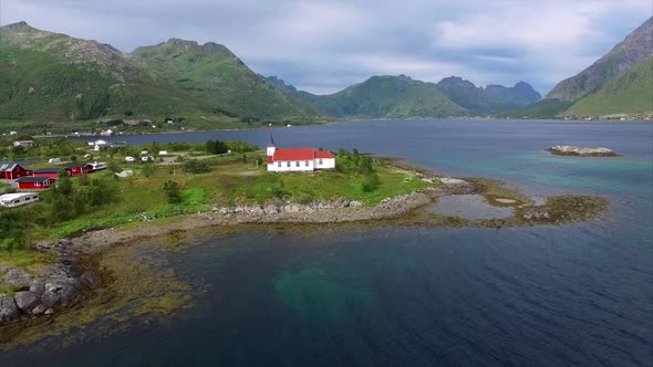 Flying by Sildpollness church on Lofoten islands