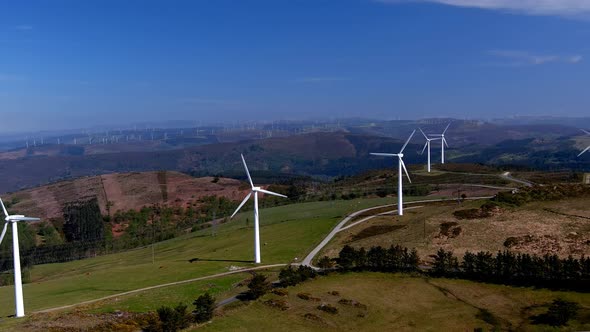 Wind farm with roads running through windmills, power lines over cattle grazing in the mountains, su