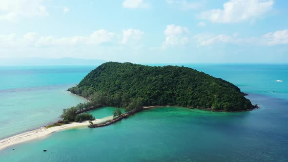 Aerial top down texture of idyllic coast beach journey by blue sea with clean sand background of adv