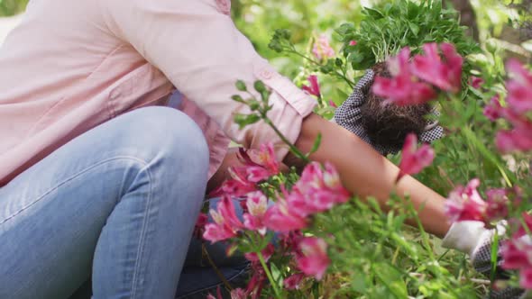 Side view of biracial woman gardening, planting flowers