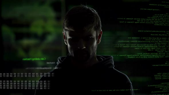 Anonymous internet male hacker with numbers and codes illustration background