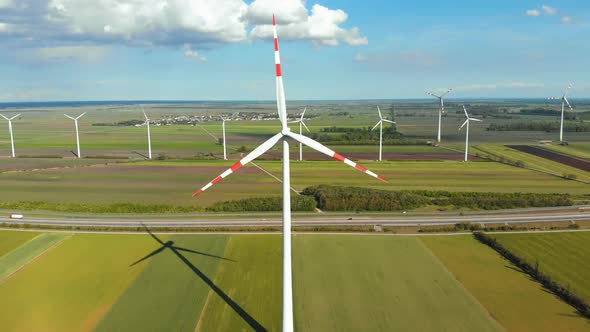 Aerial View of Wind Turbines Farm in Field. Austria. Drone View on Energy Production