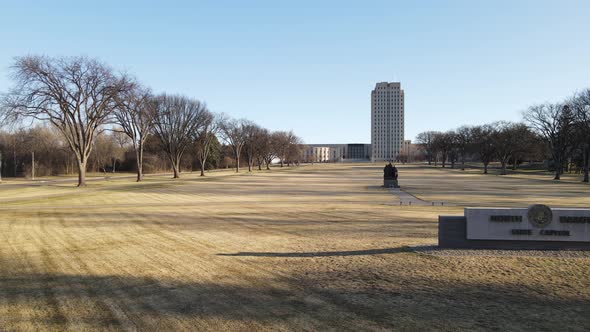 North Dakota State Capital building on a bright sunny autumn day with no people.