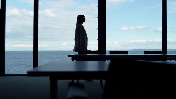 Businesswoman Silhouette Walking Window in Office Conference Room at Sea View