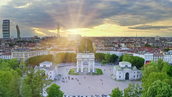 Italian City Milano in South Region Lombardia Aerial View From Drone Majestic Arco Della Pace