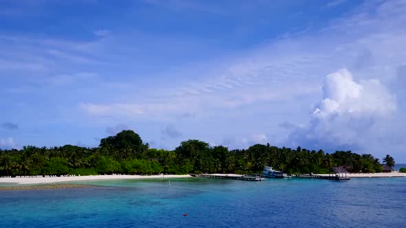 Aerial drone travel of tourist beach by water and sand background